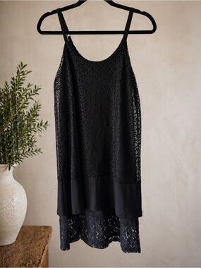 KENAR Black Lace Mini Dress XS Sheer Layered Slip Dress Adjustable Straps